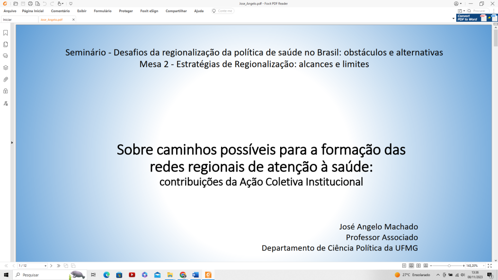 Capa da apresentação de José Angelo Machado no seminário Desafios da regionalização da política de saúde no SUS